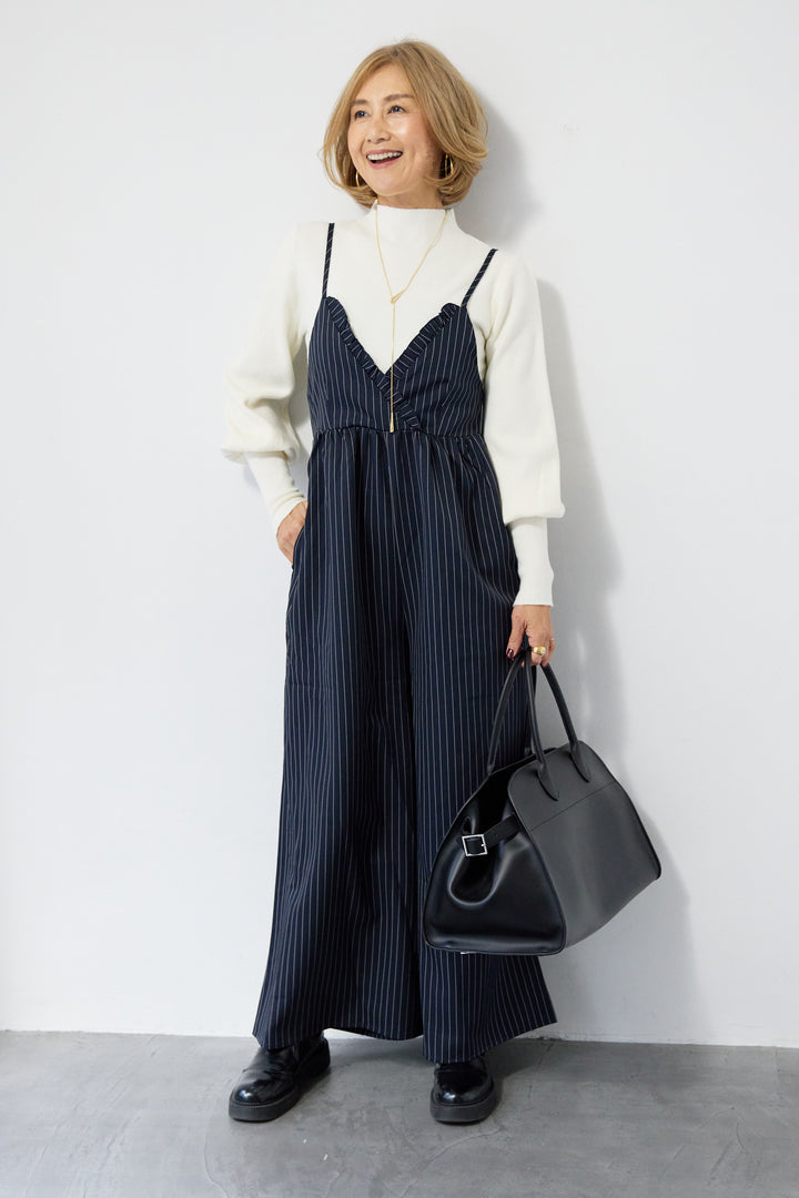 ピンストライプ・フリルカシュクールサロペット