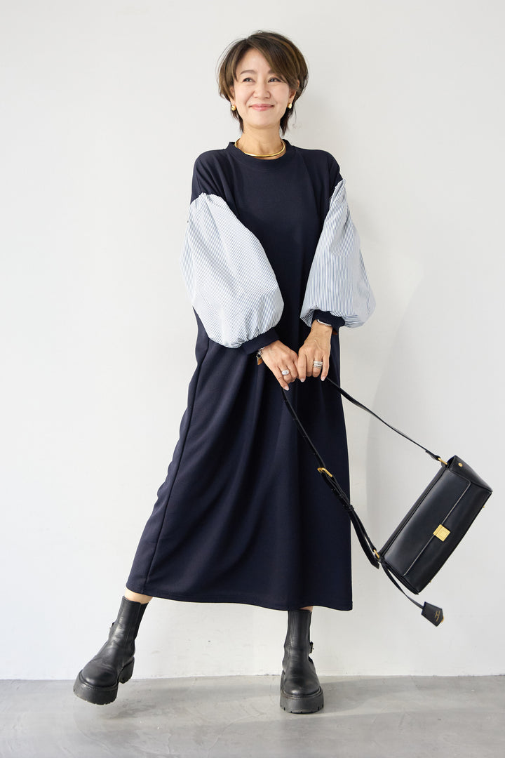 ストライプボリュームスリーブ カットワンピース