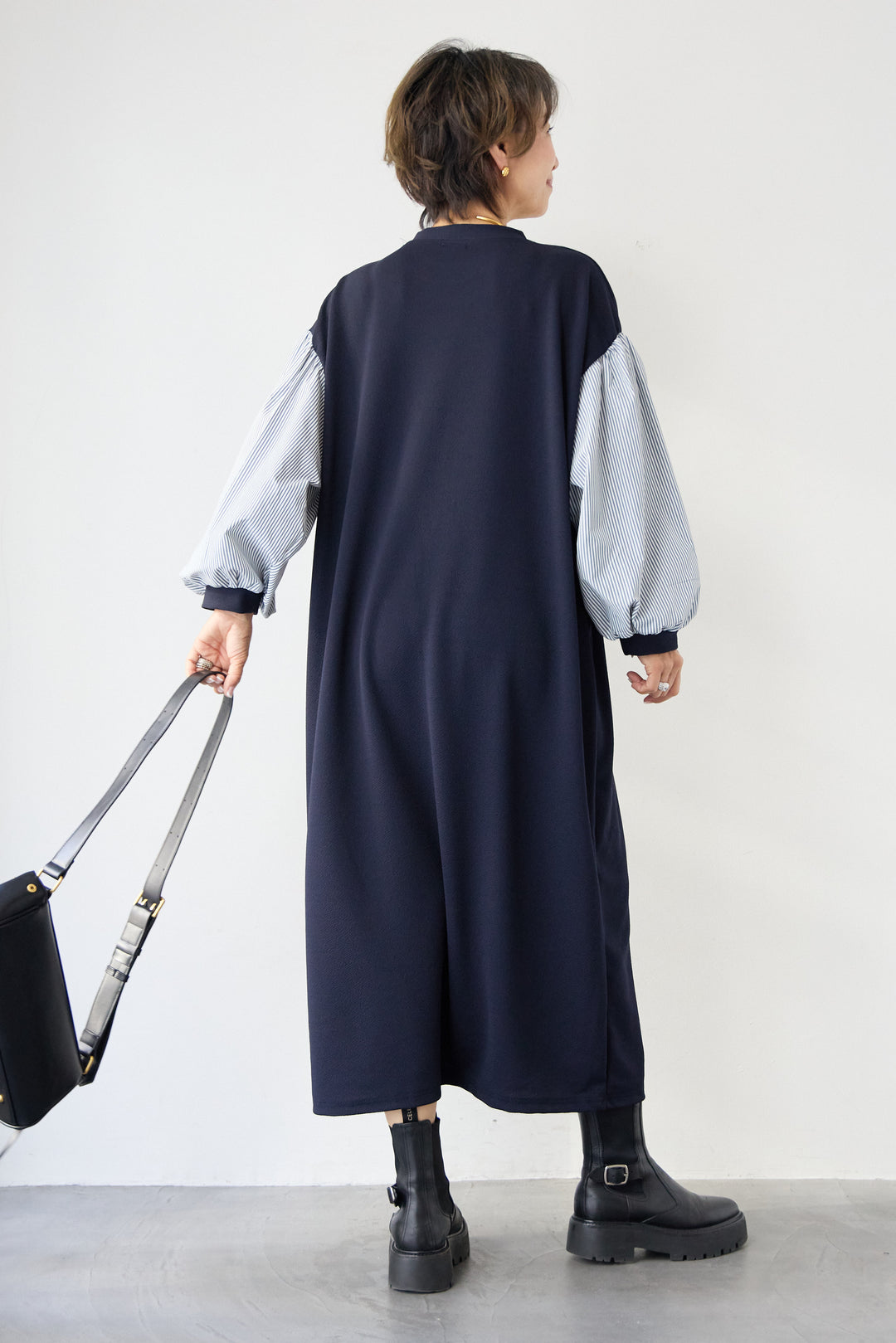 ストライプボリュームスリーブ カットワンピース