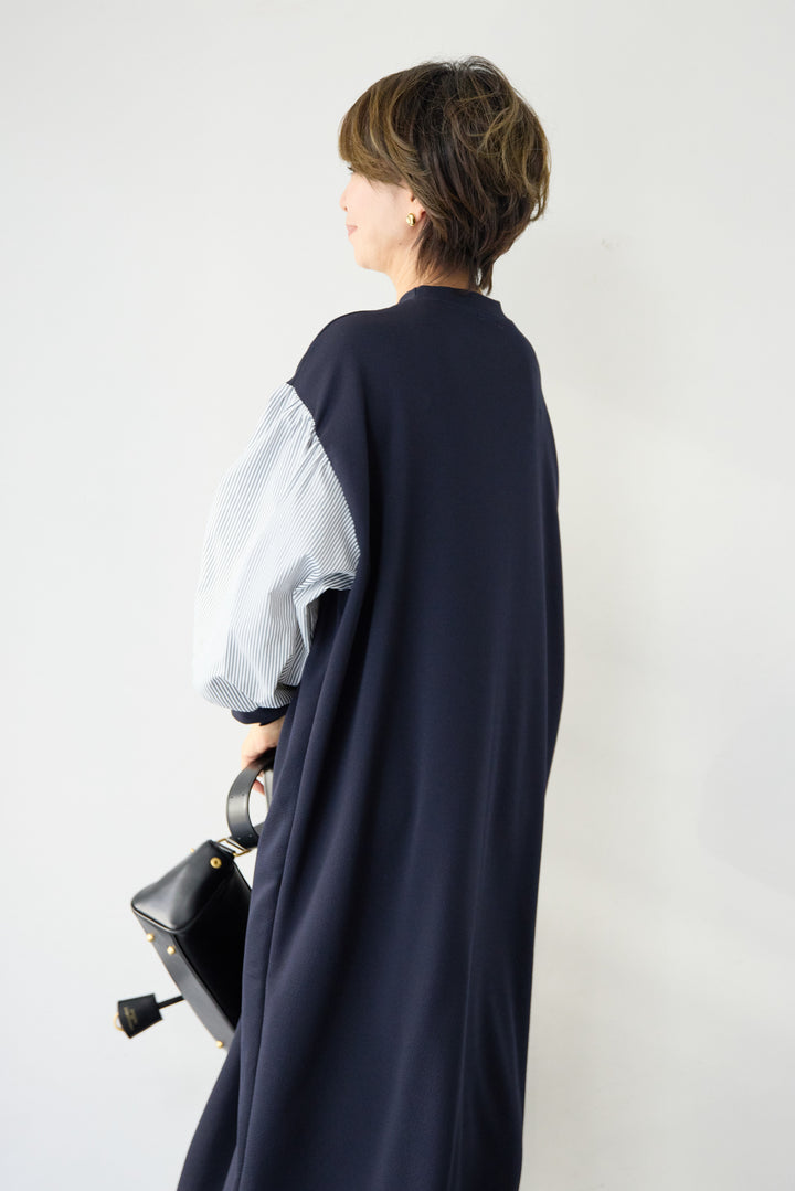 ストライプボリュームスリーブ カットワンピース