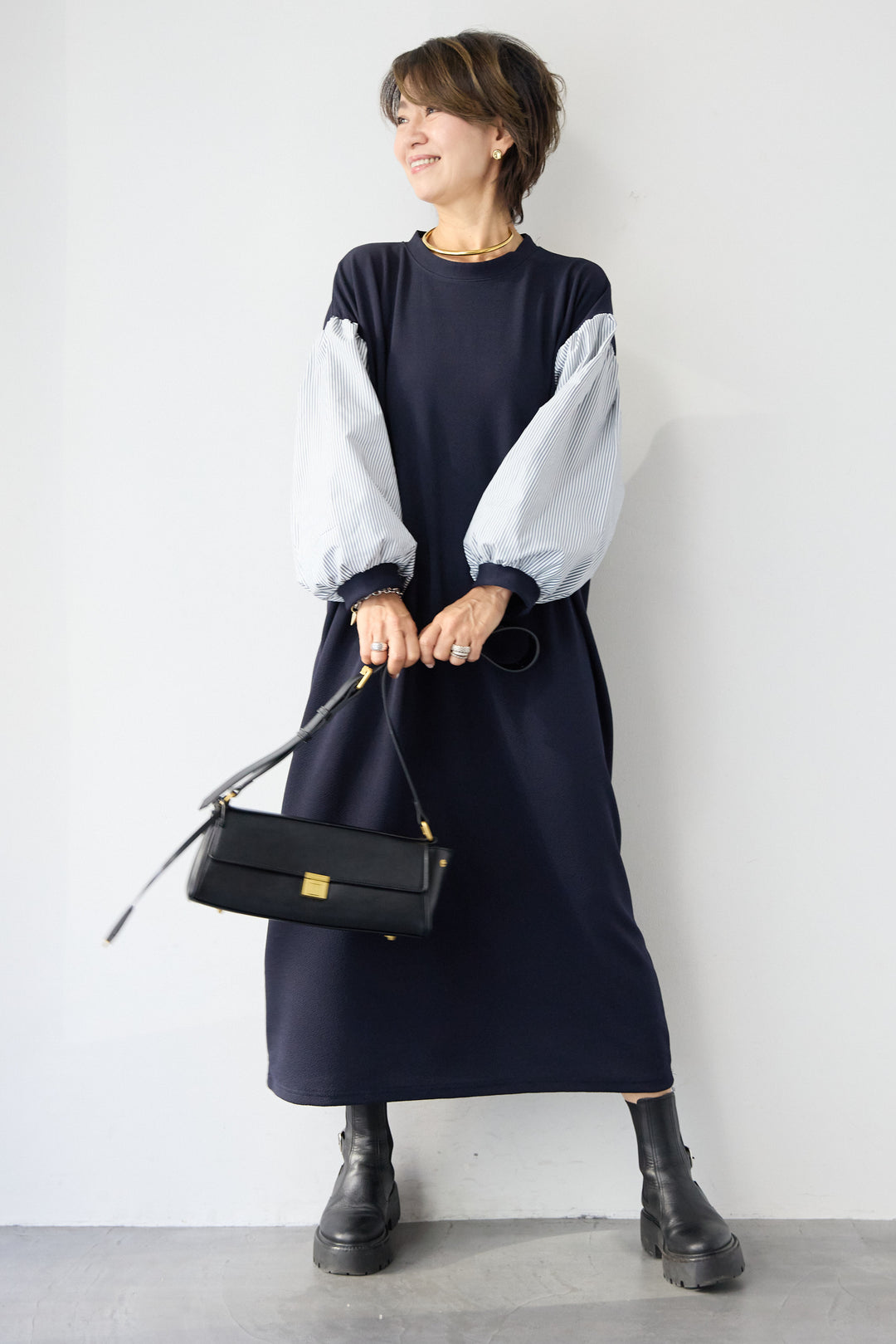 ストライプボリュームスリーブ カットワンピース