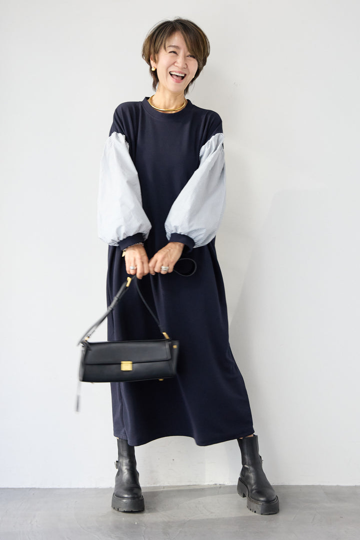 ストライプボリュームスリーブ カットワンピース