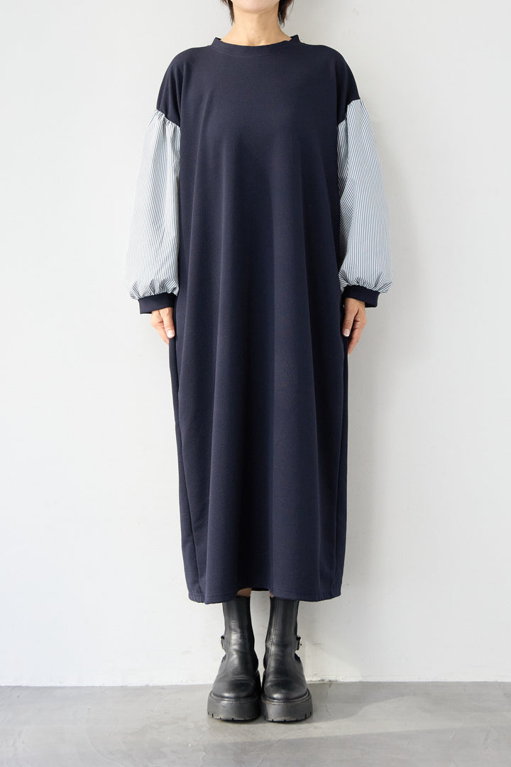 ストライプボリュームスリーブ カットワンピース