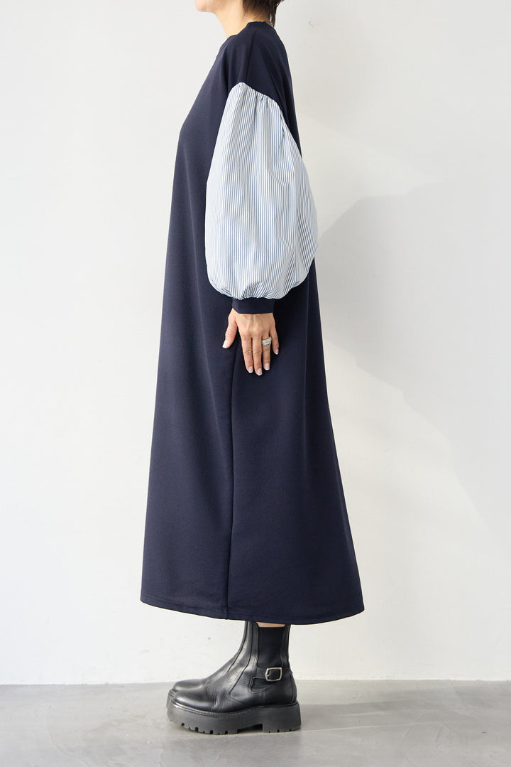 ストライプボリュームスリーブ カットワンピース