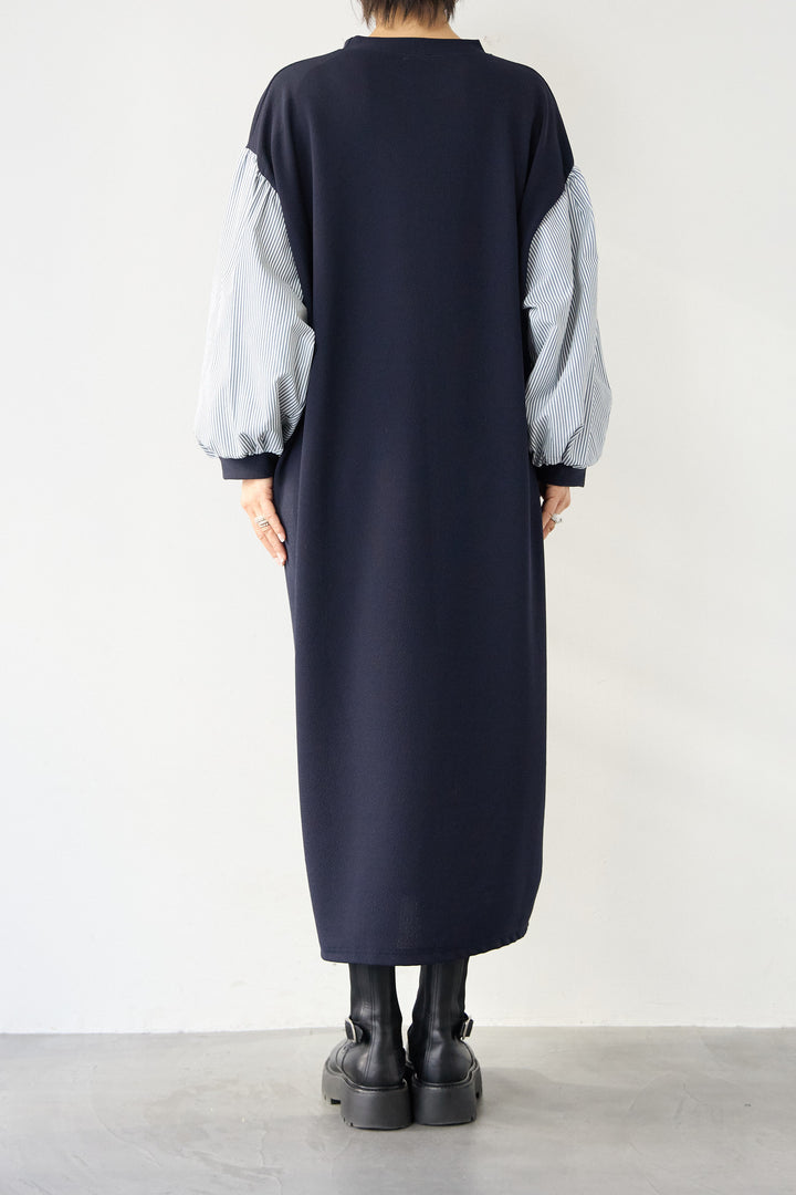 ストライプボリュームスリーブ カットワンピース