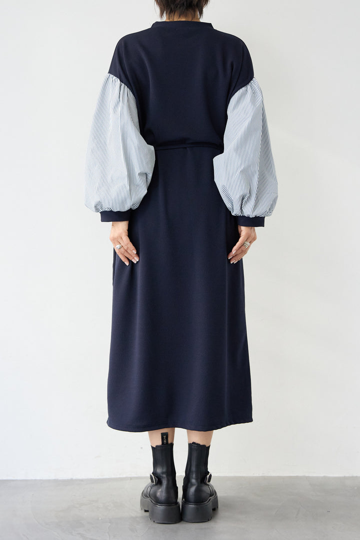 ストライプボリュームスリーブ カットワンピース