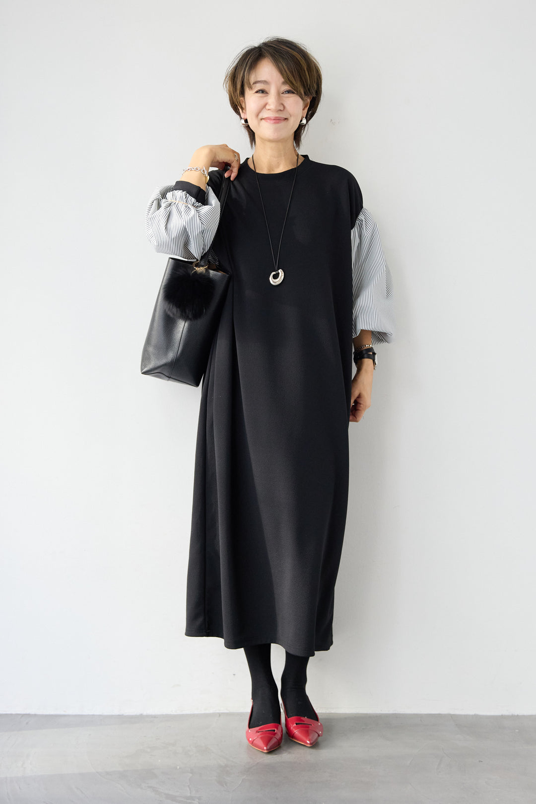 ストライプボリュームスリーブ カットワンピース