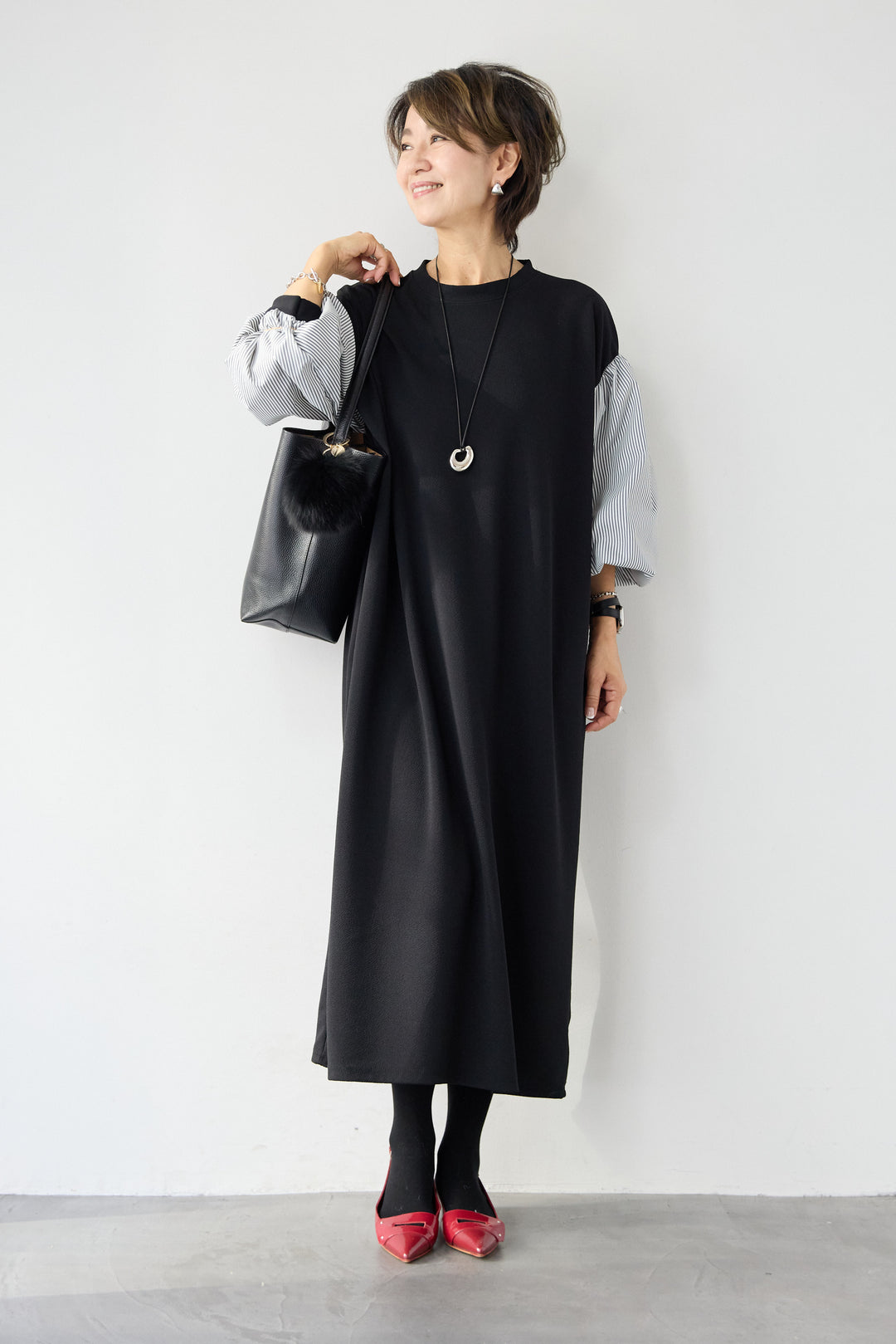 ストライプボリュームスリーブ カットワンピース