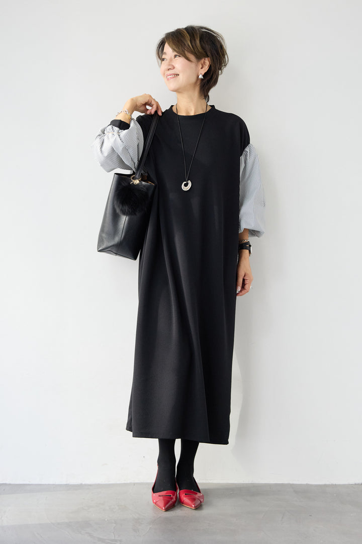 ストライプボリュームスリーブ カットワンピース