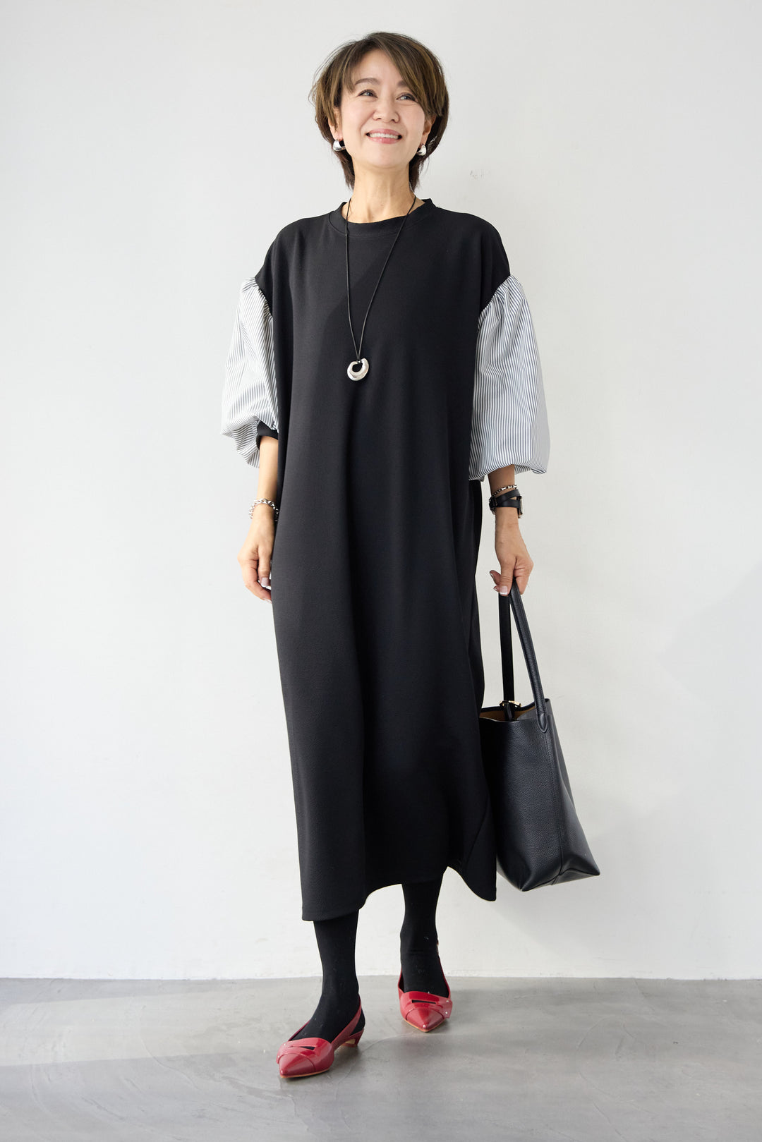 ストライプボリュームスリーブ カットワンピース