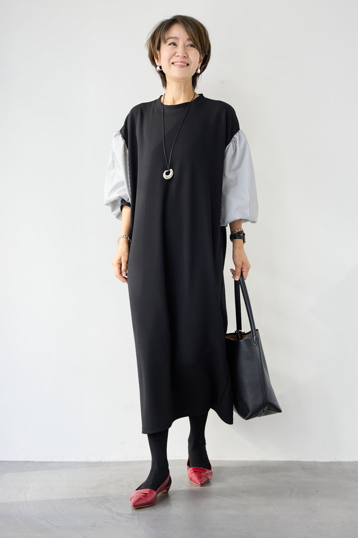 ストライプボリュームスリーブ カットワンピース