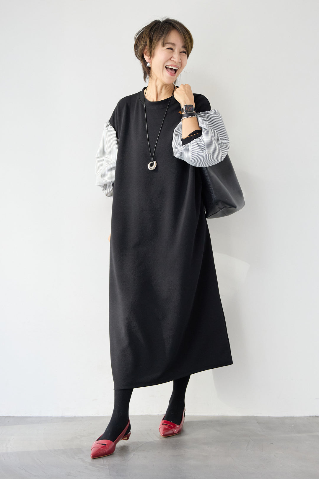 ストライプボリュームスリーブ カットワンピース