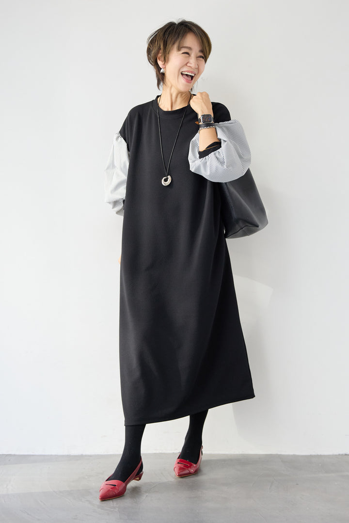 ストライプボリュームスリーブ カットワンピース