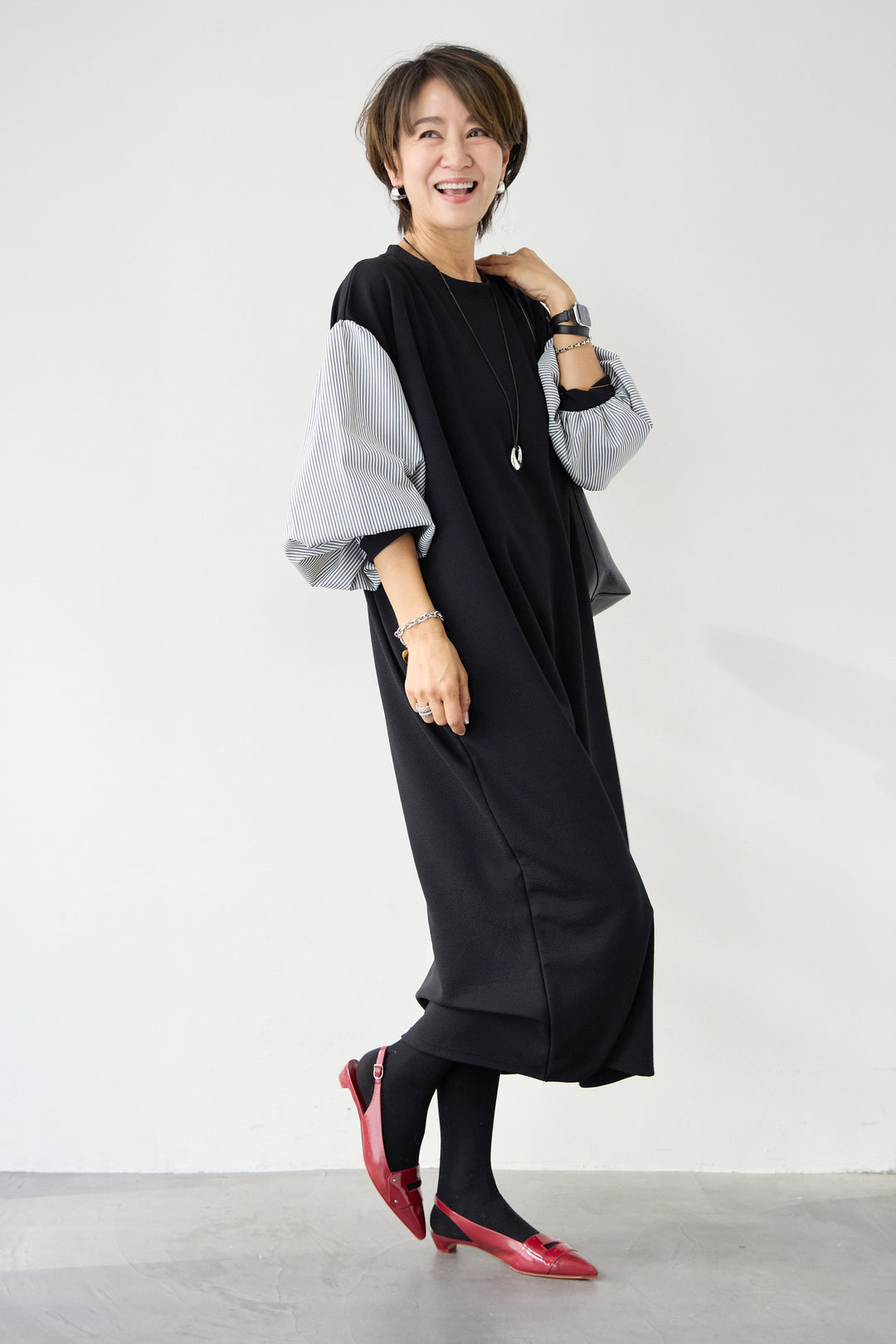 ストライプボリュームスリーブ カットワンピース