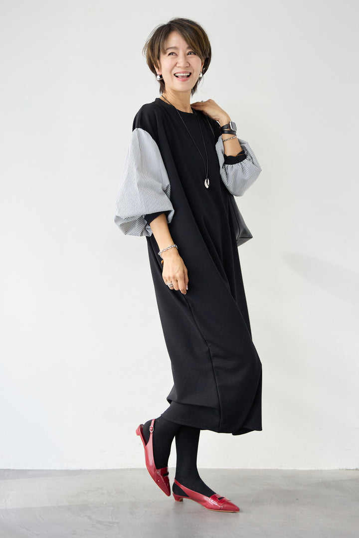 ストライプボリュームスリーブ カットワンピース