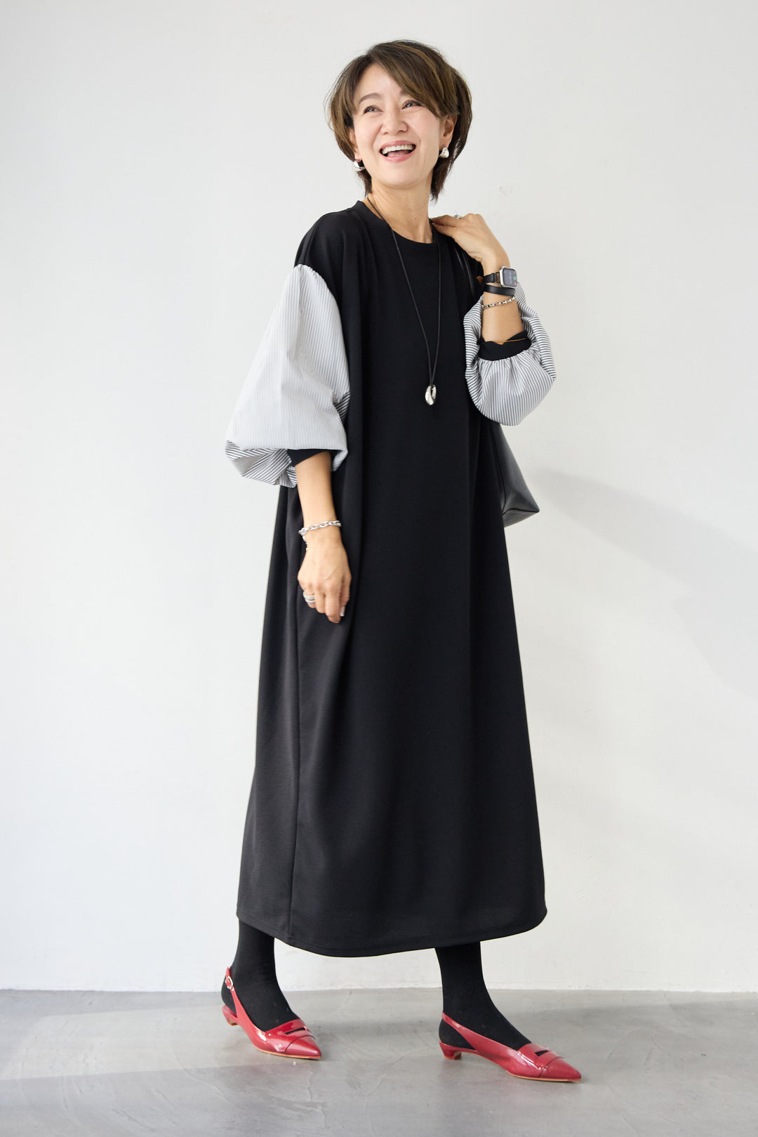 ストライプボリュームスリーブ カットワンピース