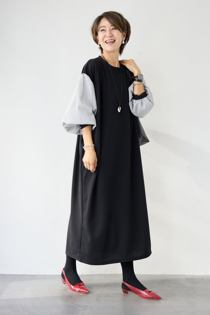 ストライプボリュームスリーブ カットワンピース