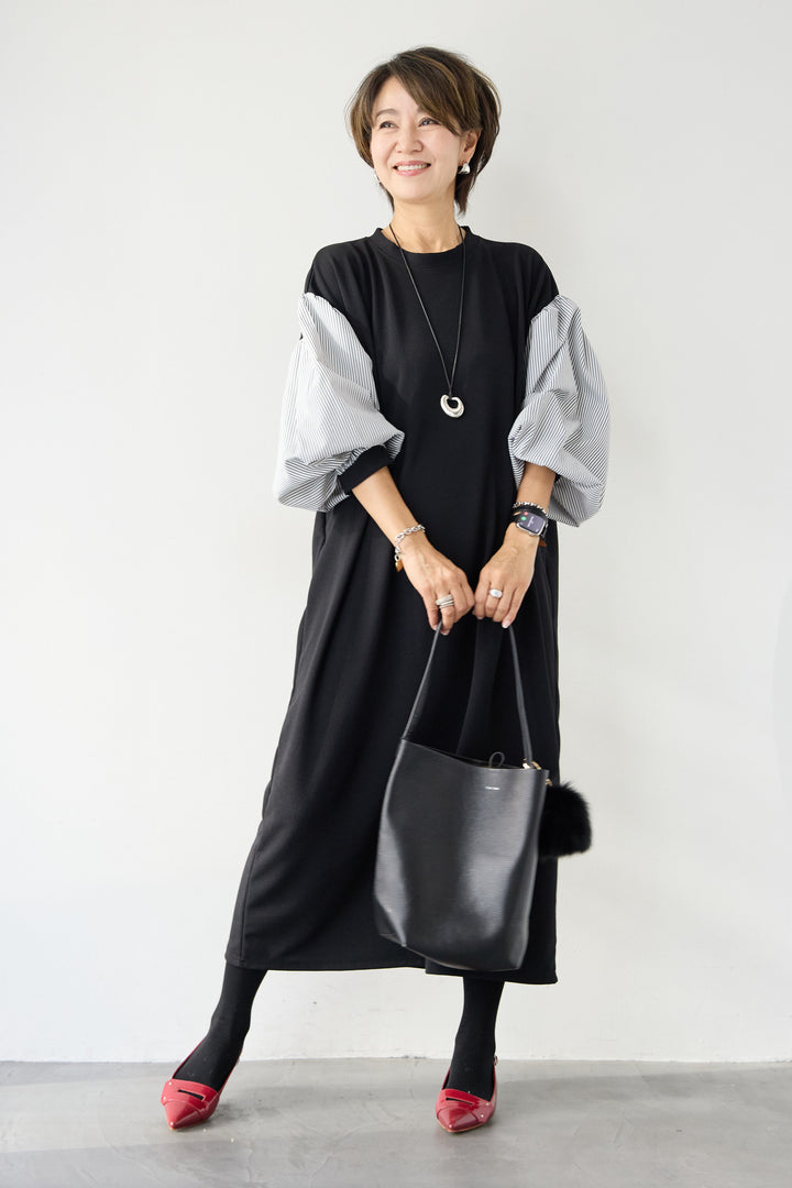 ストライプボリュームスリーブ カットワンピース