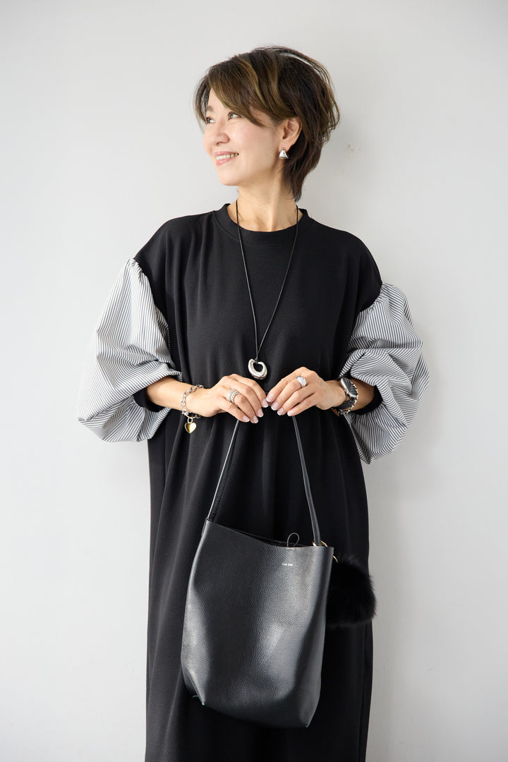 ストライプボリュームスリーブ カットワンピース