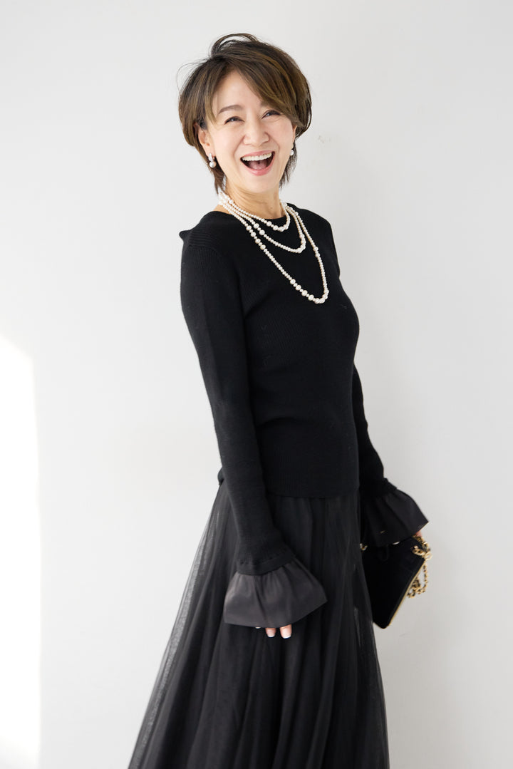 袖シアーリブニット