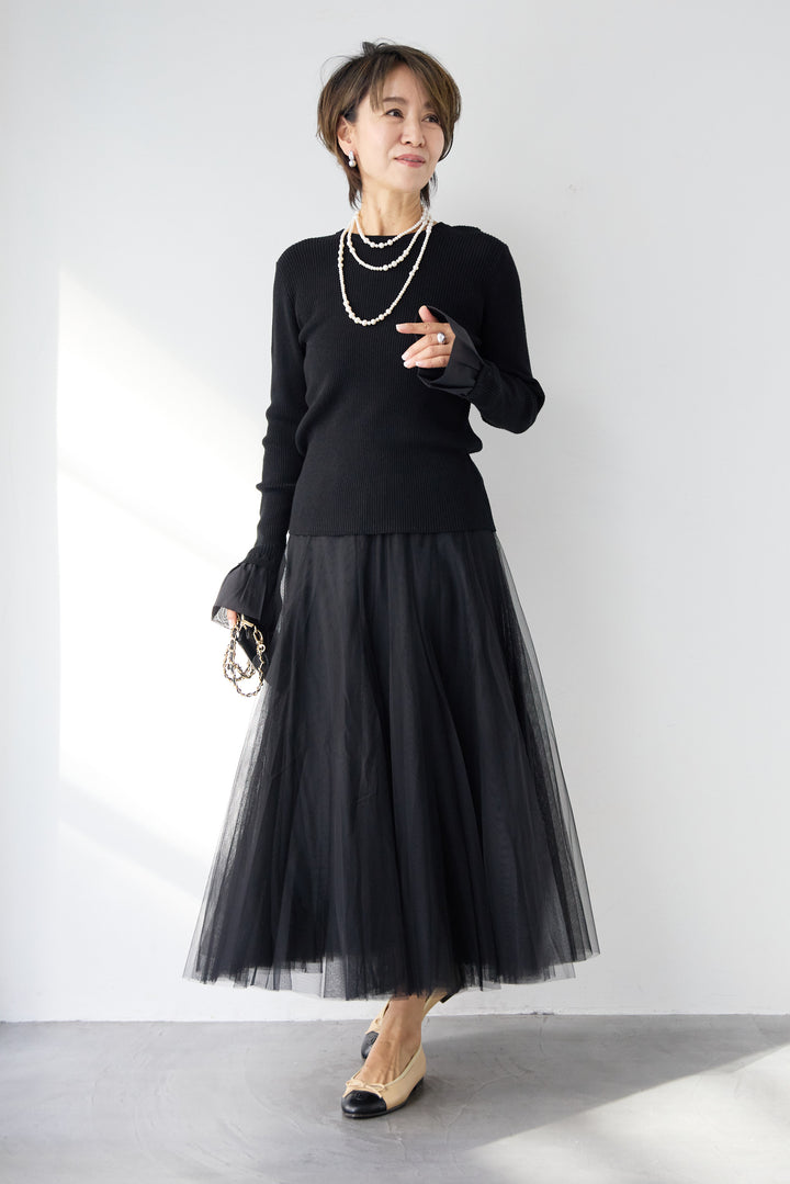 袖シアーリブニット