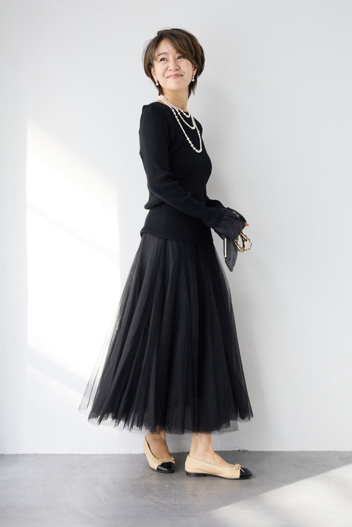 袖シアーリブニット