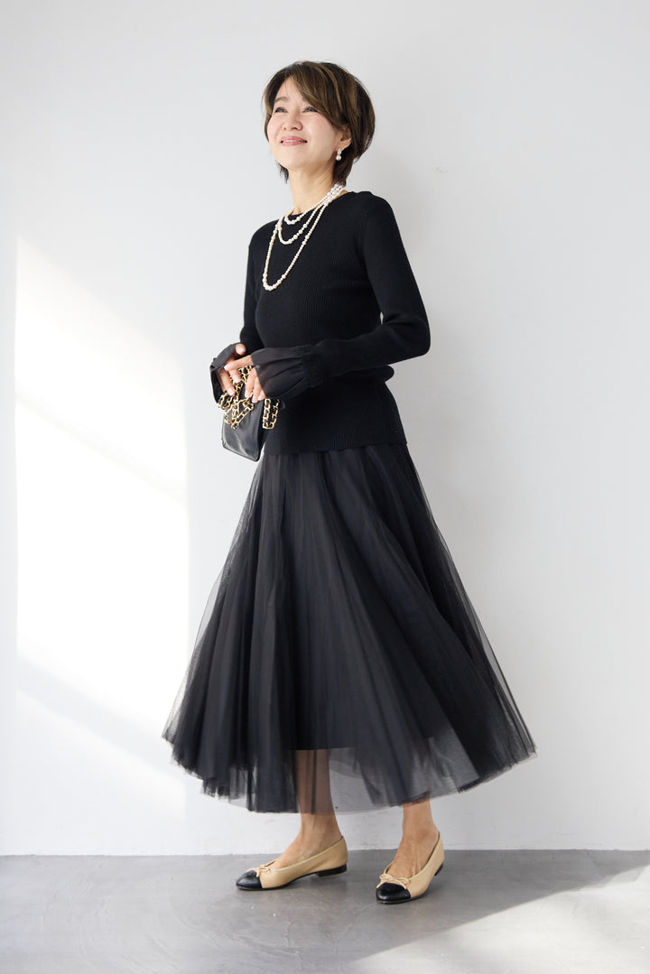 袖シアーリブニット