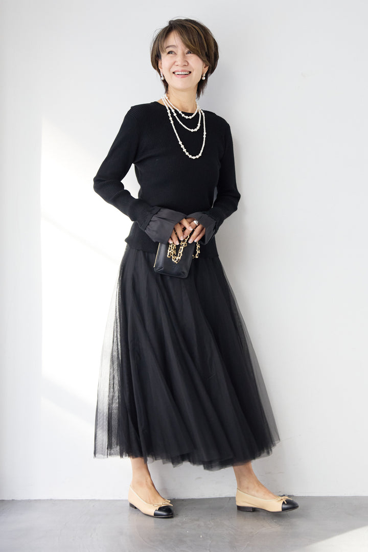 袖シアーリブニット