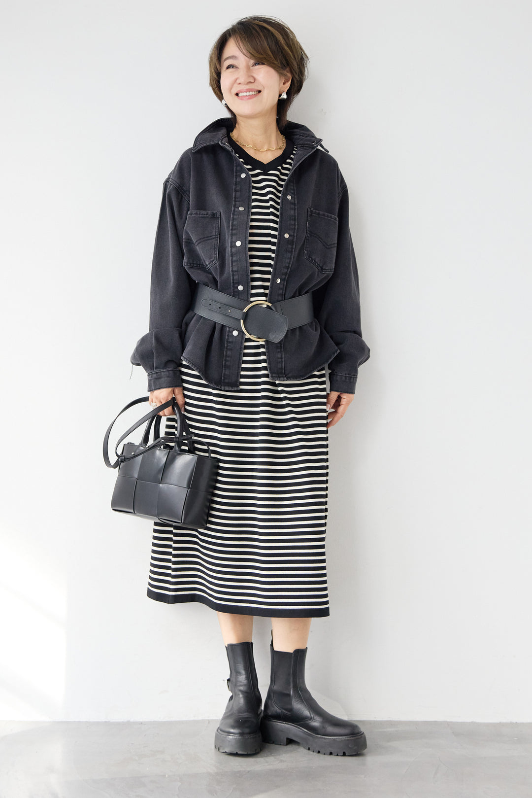 Vネックボーダー ロングワンピース