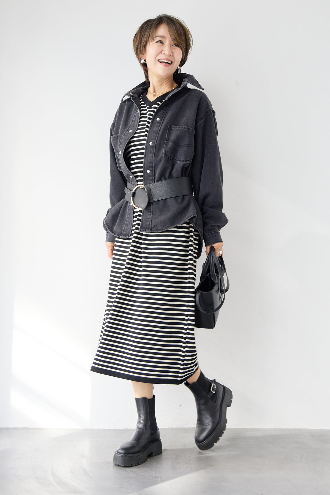 Vネックボーダー ロングワンピース