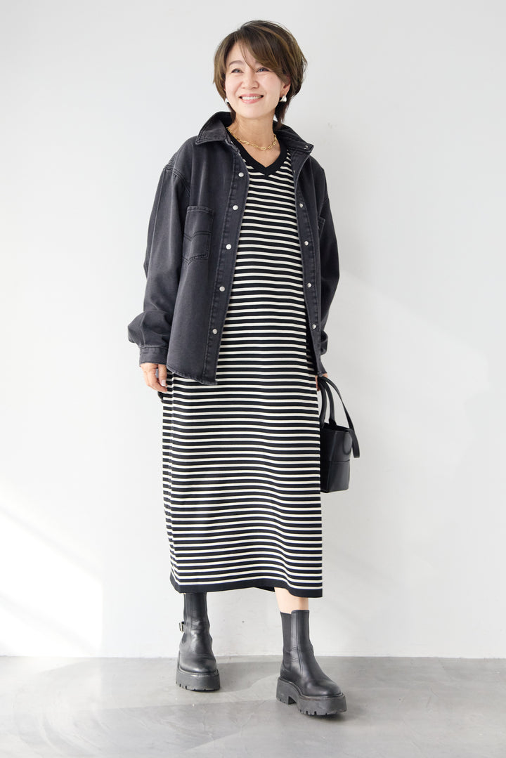 Vネックボーダー ロングワンピース