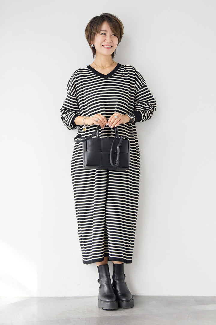 Vネックボーダー ロングワンピース