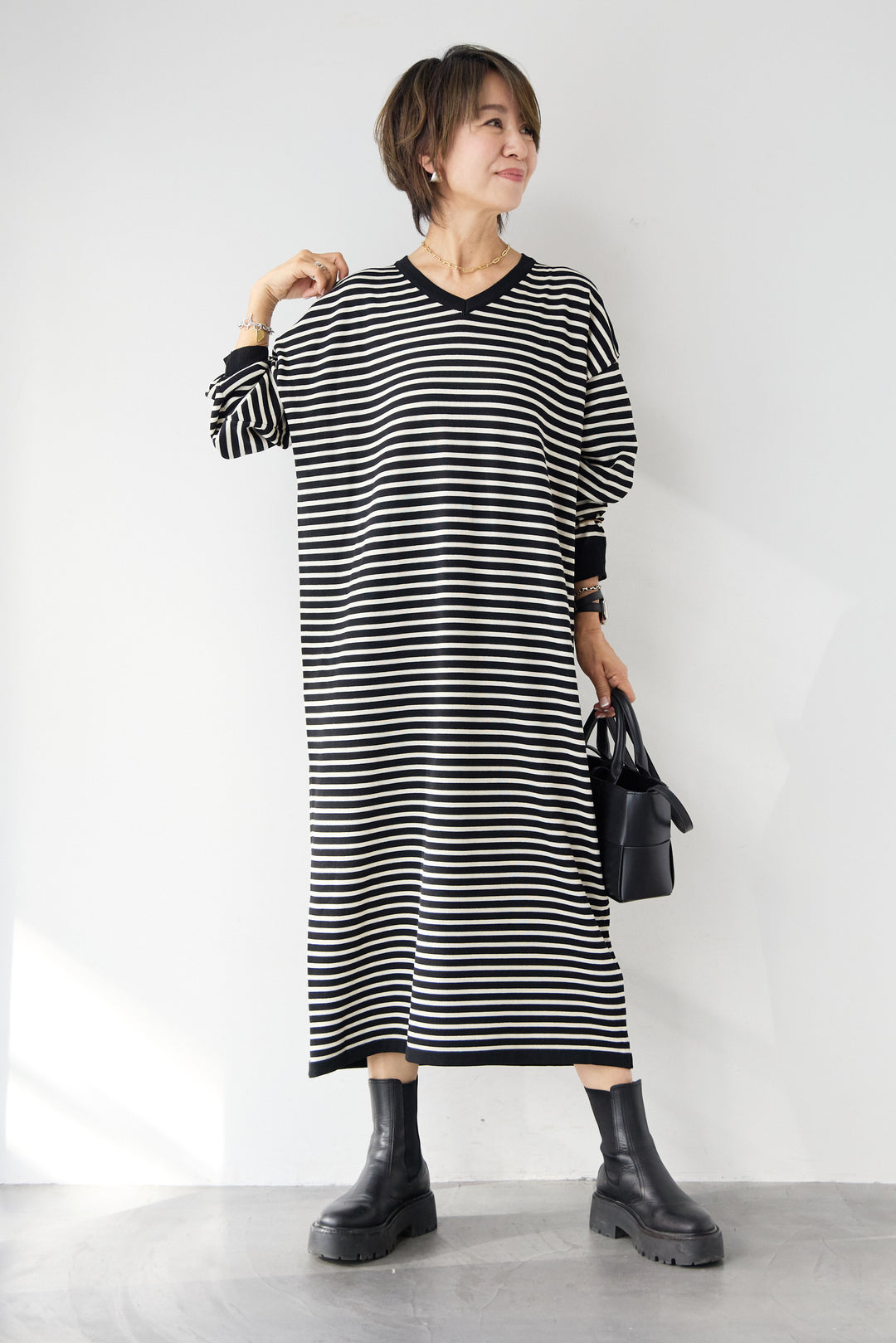 Vネックボーダー ロングワンピース