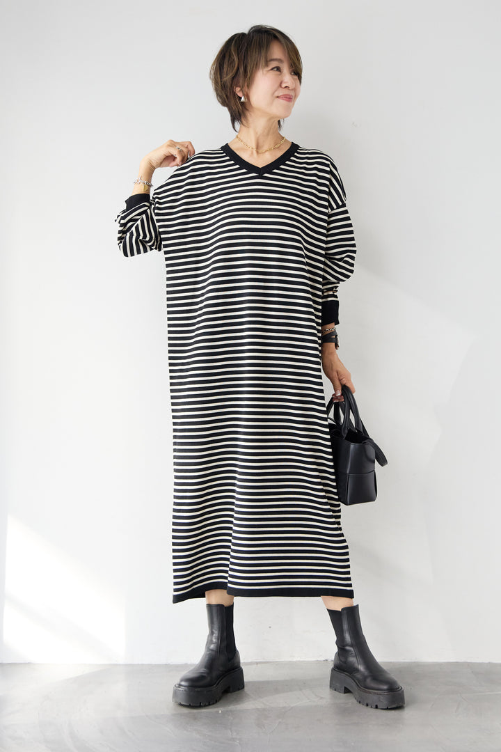 Vネックボーダー ロングワンピース