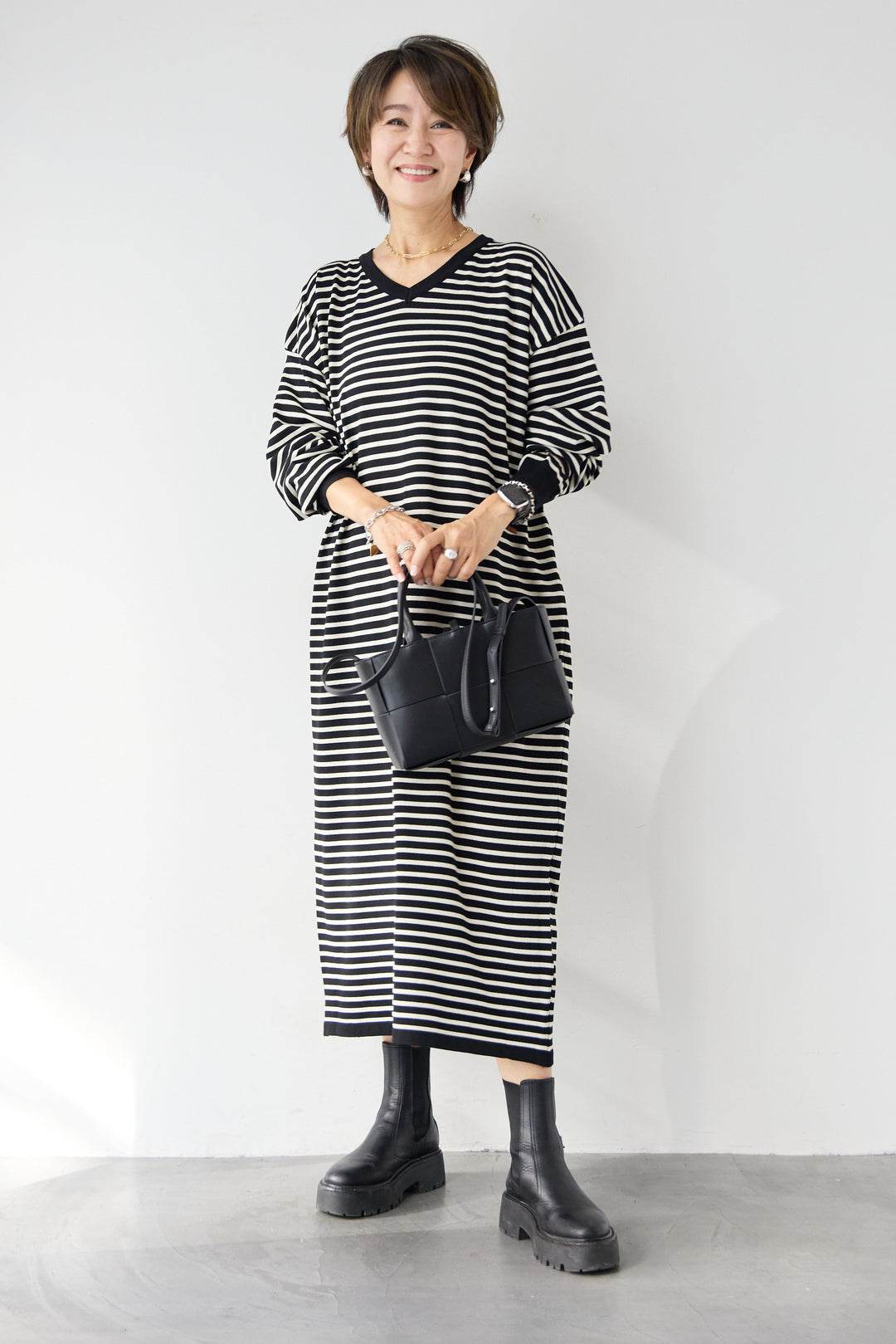 Vネックボーダー ロングワンピース