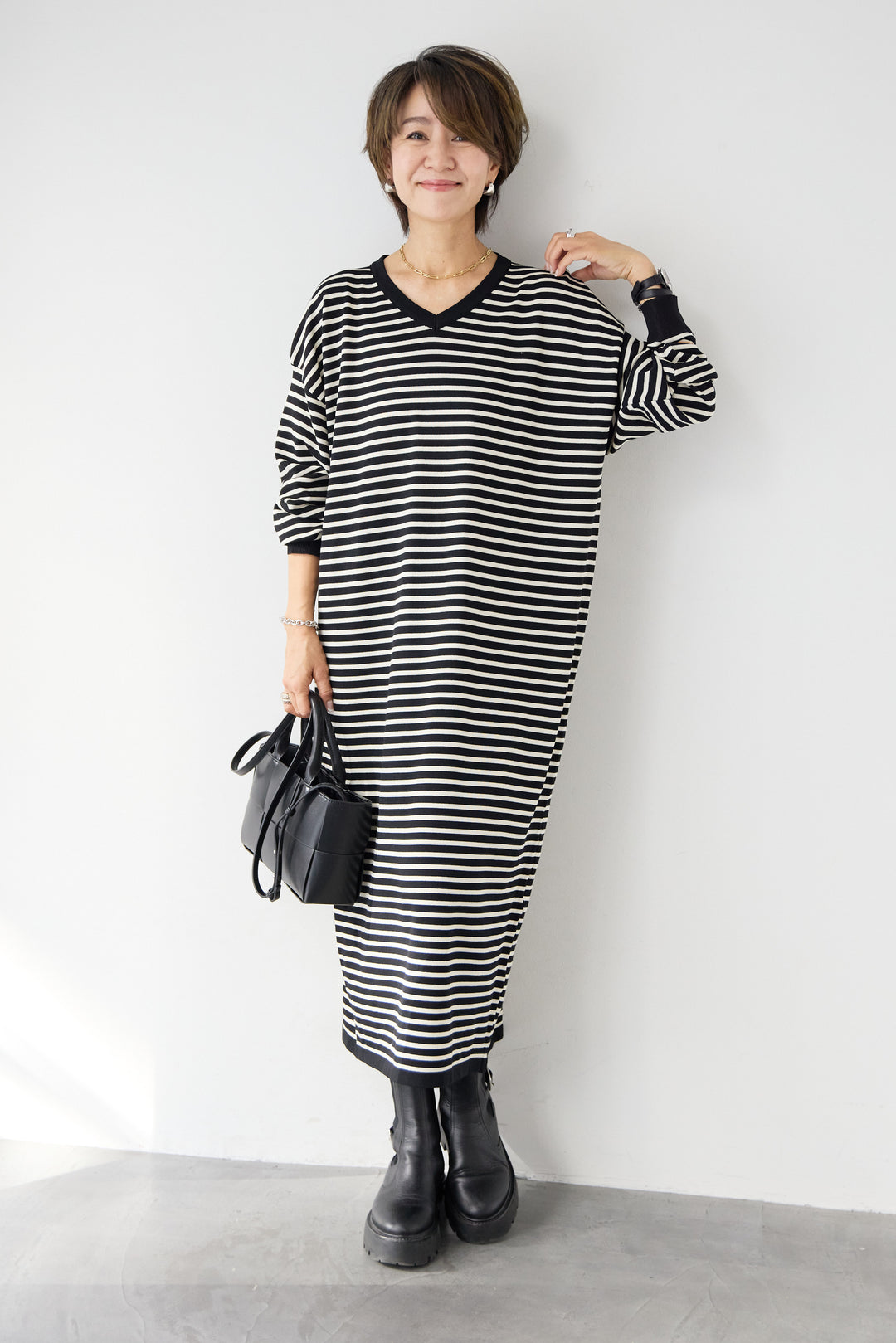 Vネックボーダー ロングワンピース