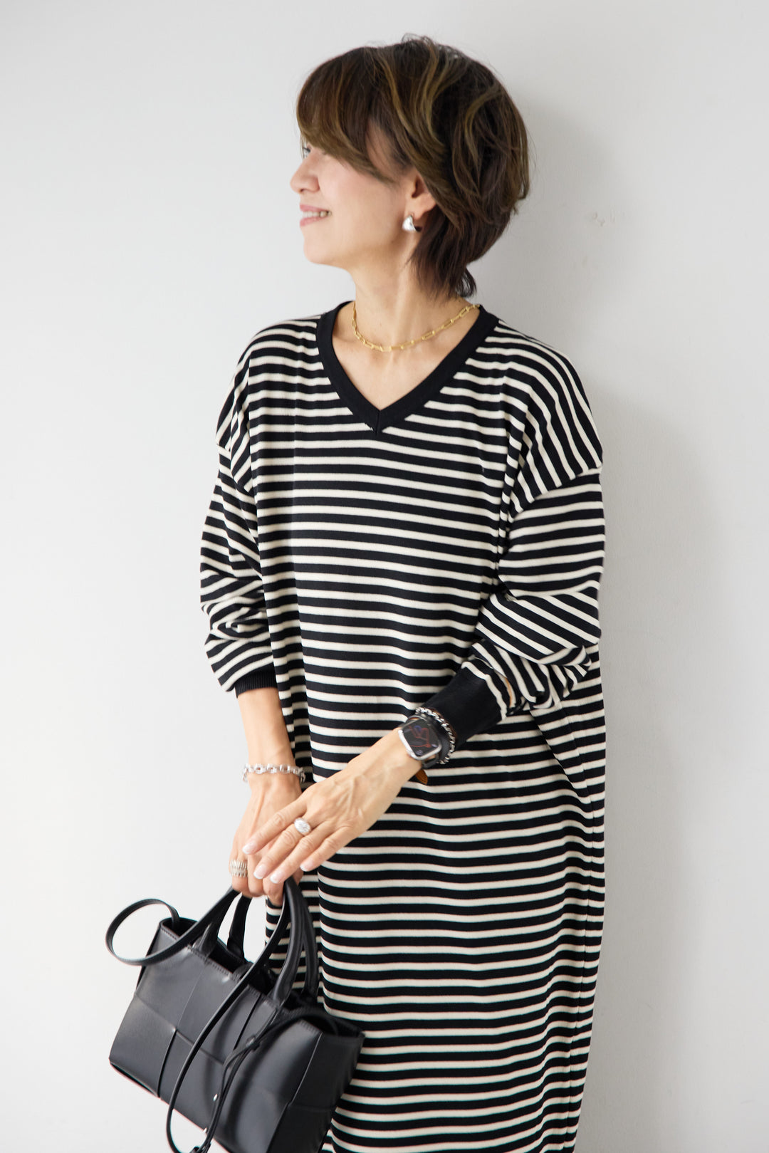 Vネックボーダー ロングワンピース