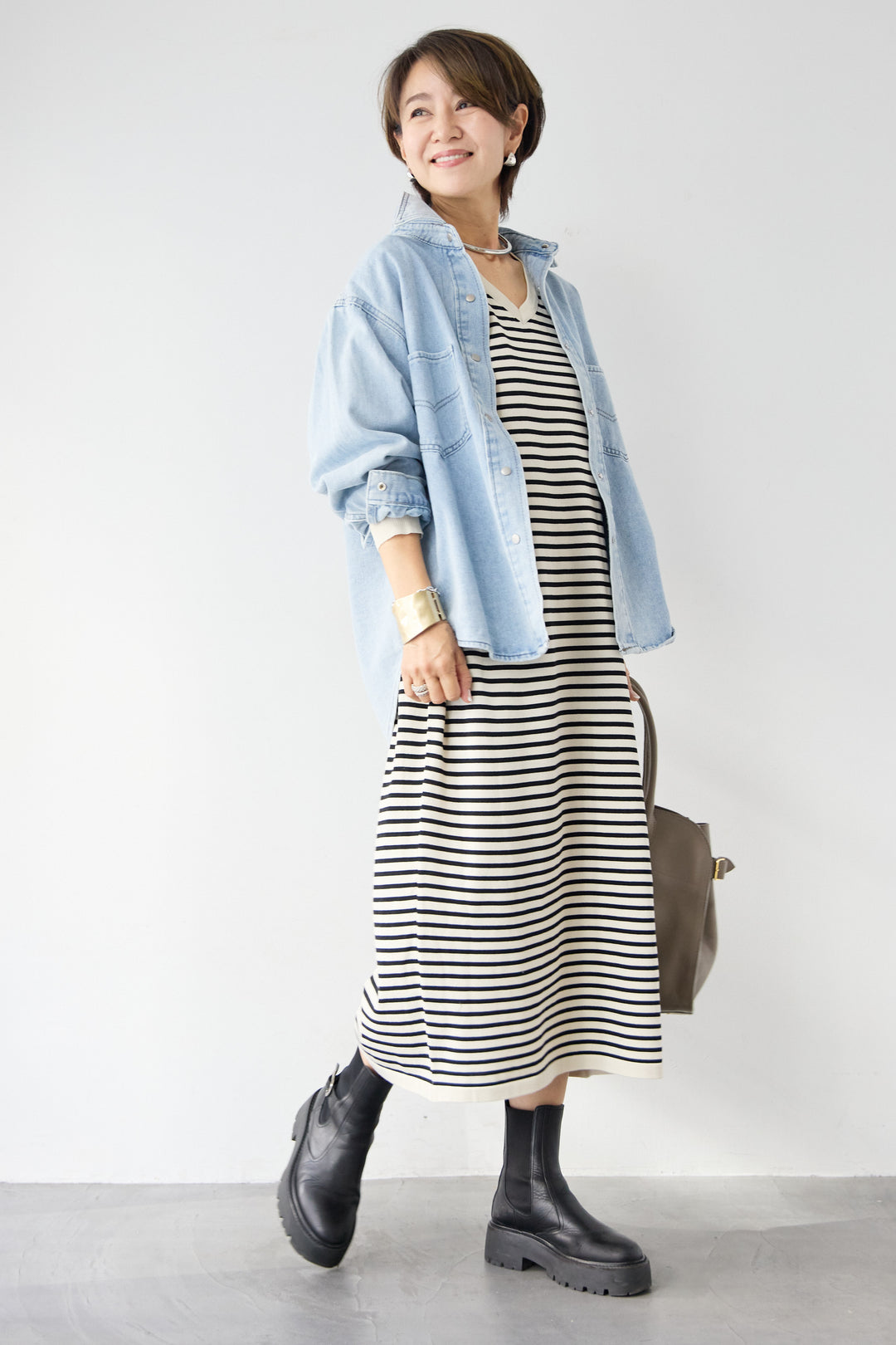 Vネックボーダー ロングワンピース