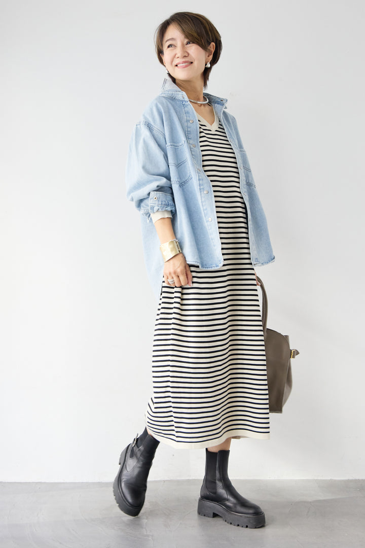 Vネックボーダー ロングワンピース