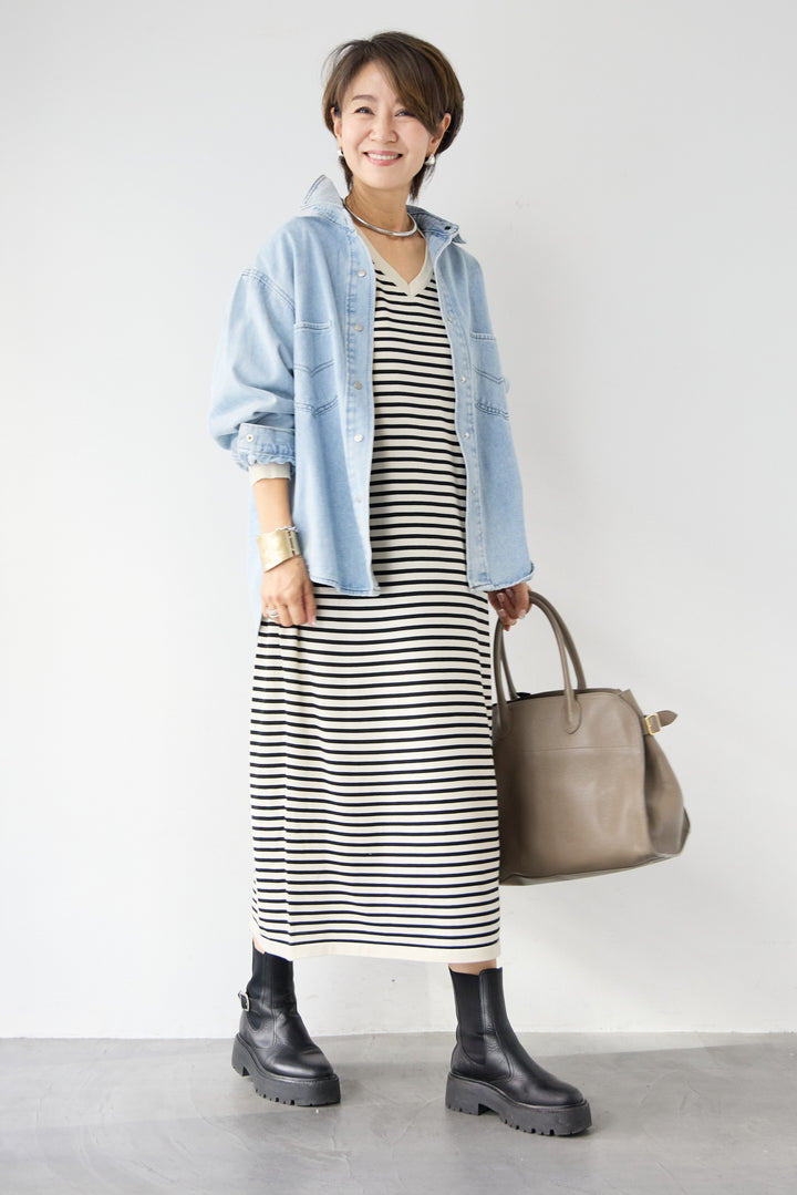 Vネックボーダー ロングワンピース