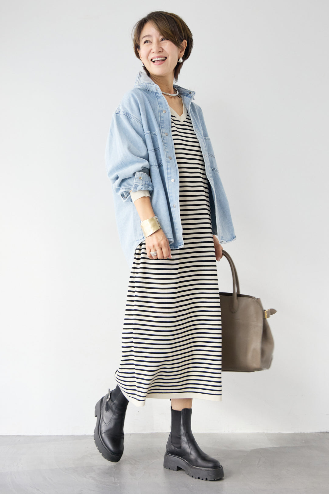 Vネックボーダー ロングワンピース