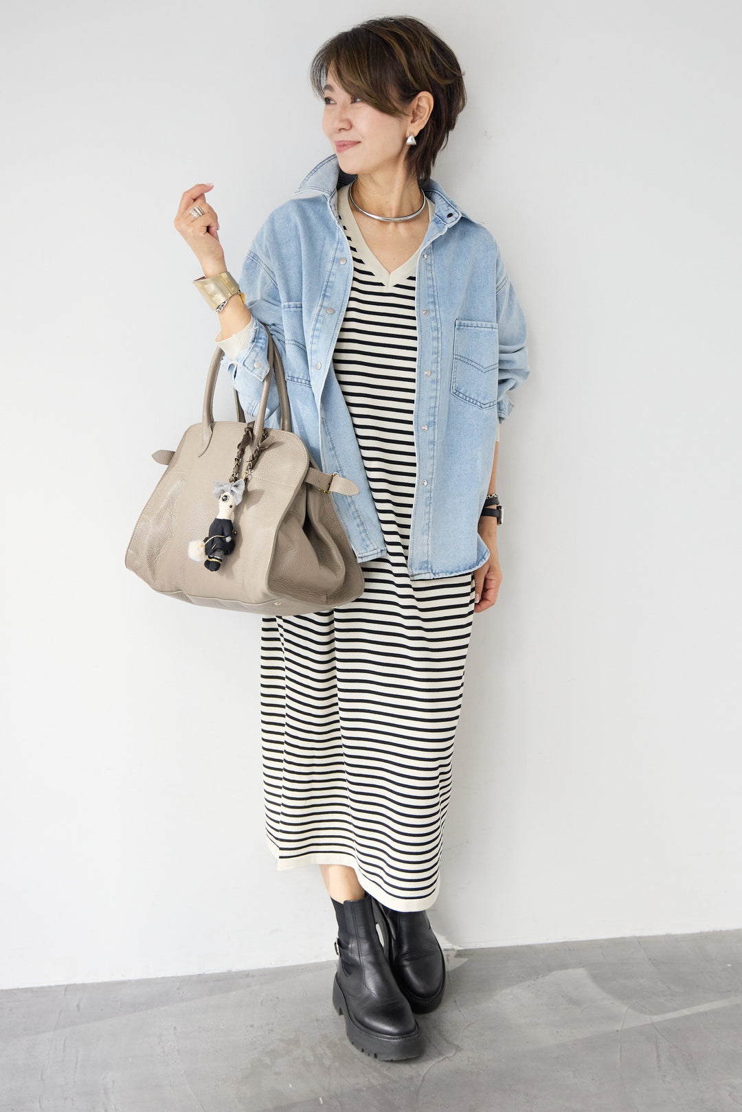 Vネックボーダー ロングワンピース