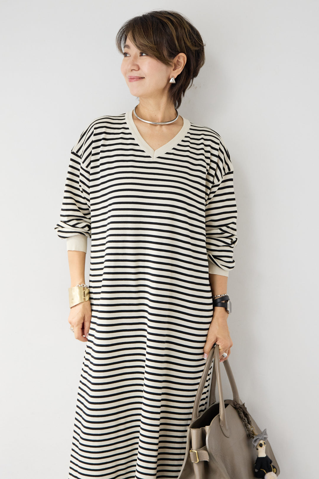 Vネックボーダー ロングワンピース