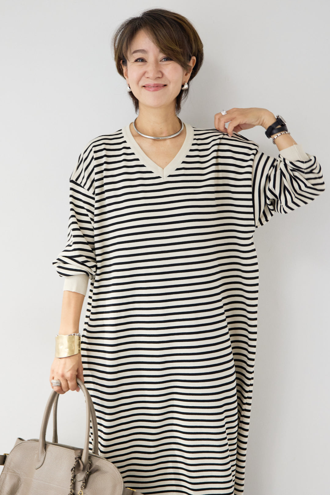 Vネックボーダー ロングワンピース