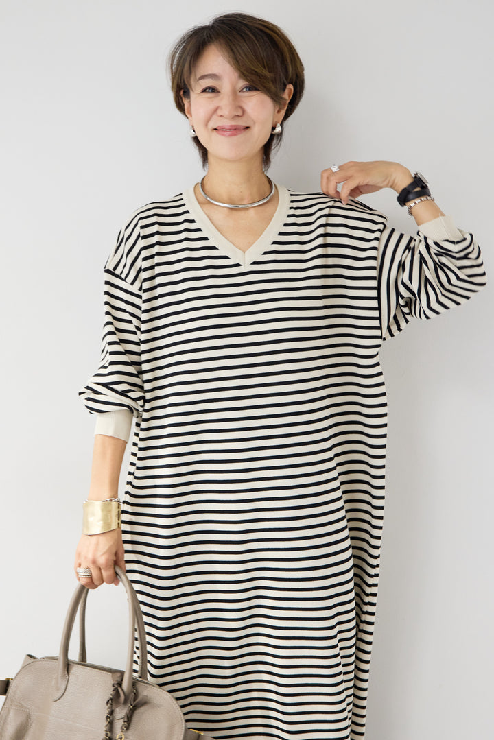 Vネックボーダー ロングワンピース