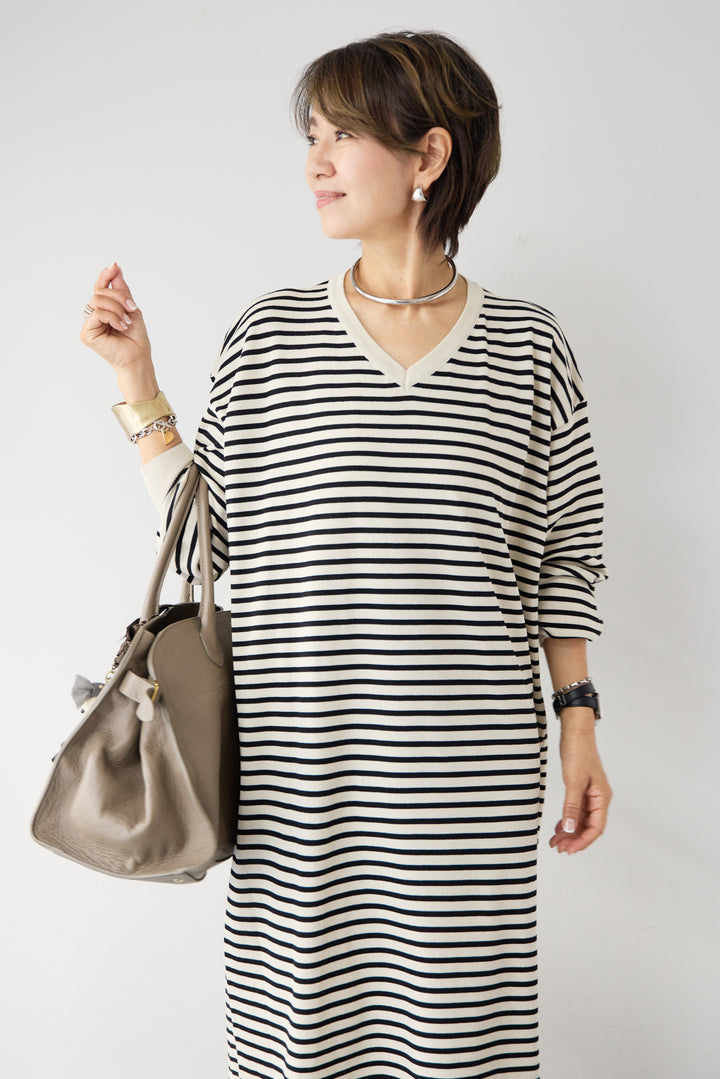 Vネックボーダー ロングワンピース