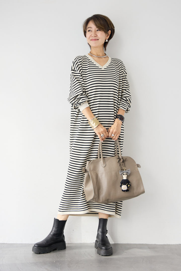 Vネックボーダー ロングワンピース