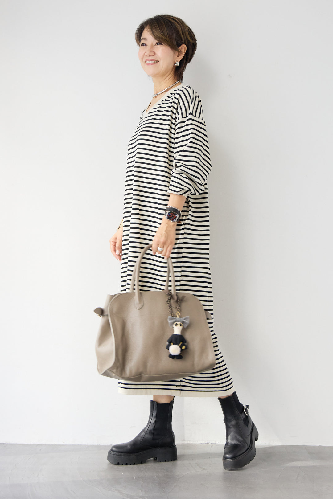 Vネックボーダー ロングワンピース