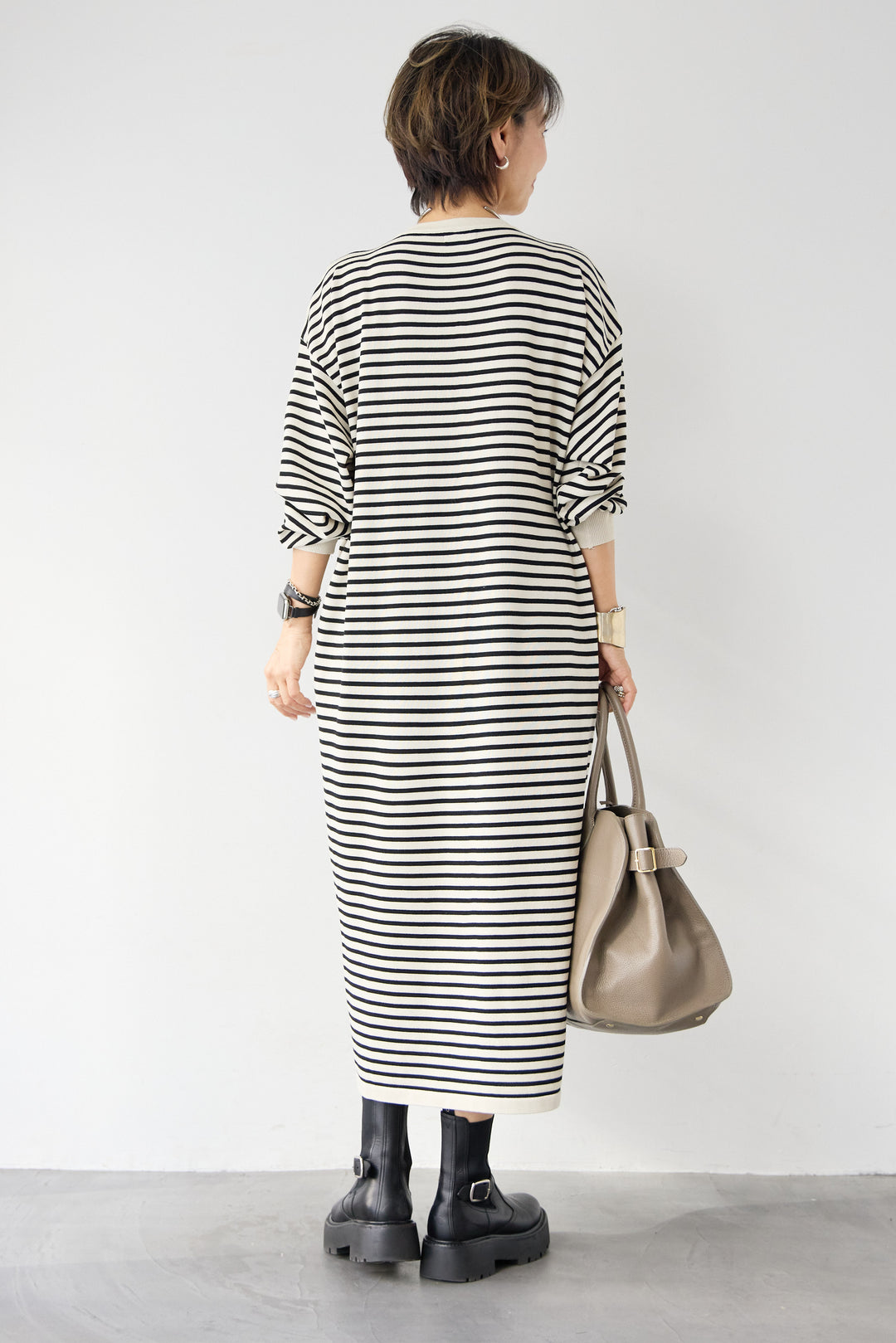 Vネックボーダー ロングワンピース