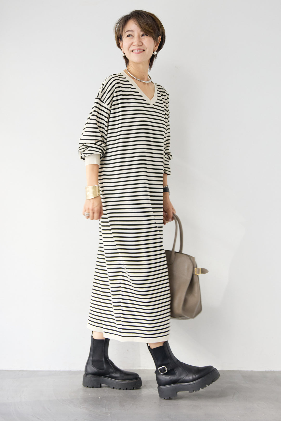 Vネックボーダー ロングワンピース